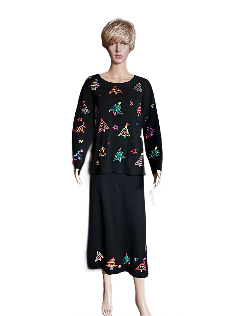 Michael Simon ~ Medium ~ Black W/ Multi-Colors Christmas Theme Embroidery Dress